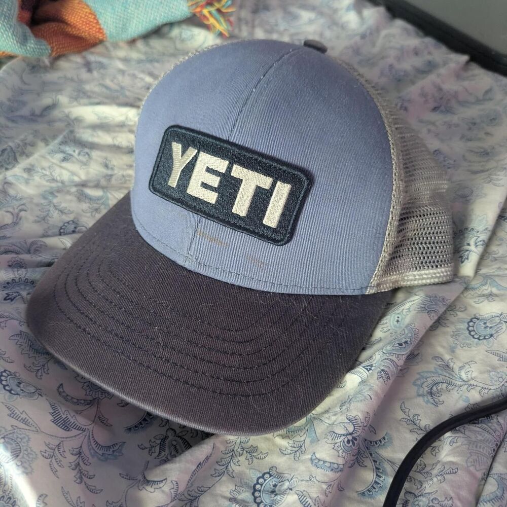 Blue and gray YETI patch trucker hat mesh back snapback cap